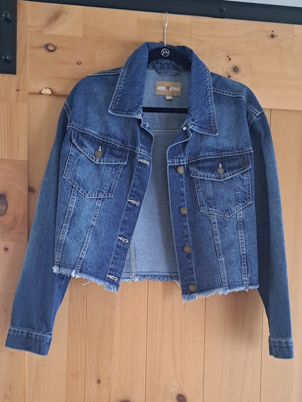 Red Star Cropped Denim Jacket - Medium Blue